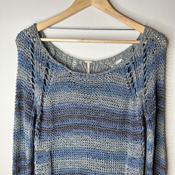 Free People Sweater Womens Small Blue Loose Knit Artsy Crochet Coastal Beachy - Picture 4 of 13